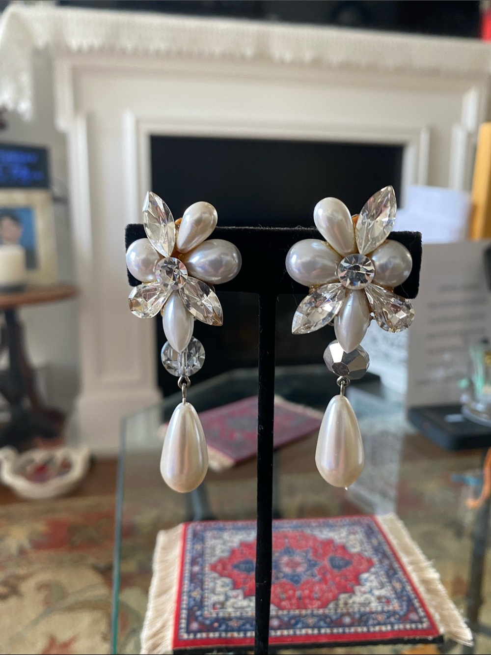 Pearl and Crystal Flower Drop Earrings - White